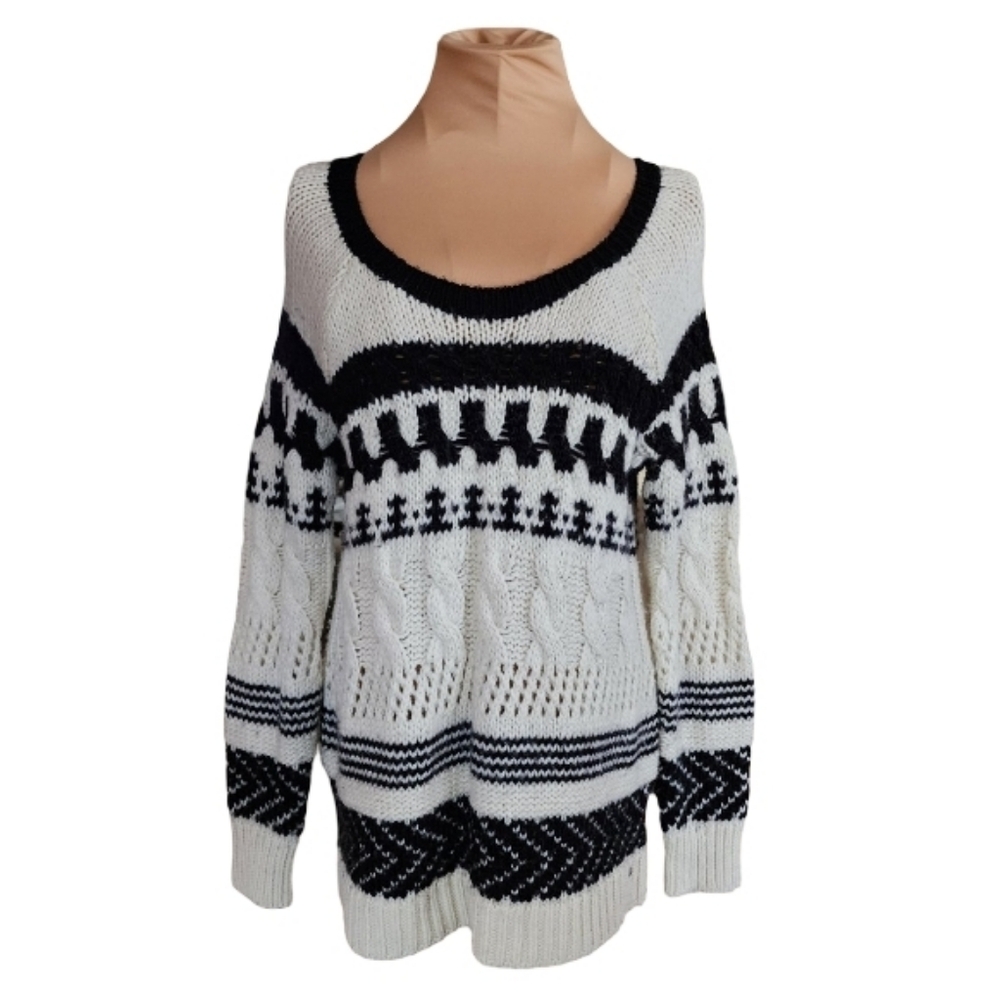 AMERICAN EAGLE Cable Knit Fair Isle Sweater Wool Blend Women's Medium Blk Cream‎